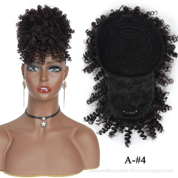 Synthetic Afro Kinky Curly Drawstring Ponytail With Bangs Wig Hair Bun Chignon Clip in Pony Tail Hair Extension